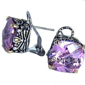 Pink Cubic Zirconia Cushion Cut Two Tone Throne Room Euro Back 12mm Earrings